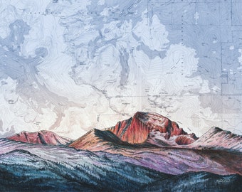 Arte de Longs Peak, impresión de pintura del Parque Nacional de las Montañas Rocosas de Colorado, impresión de la naturaleza de Colorado, arte de senderismo de montaña excursionista, arte de mapas de la naturaleza