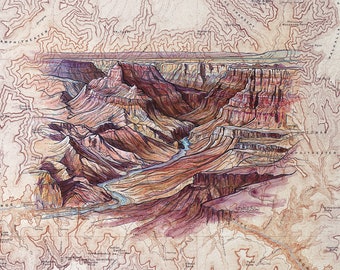 Grand Canyon Art, Grand Canyon National Park painting print illustration, Arizona print, hiker wilderness desert art, Southwest print