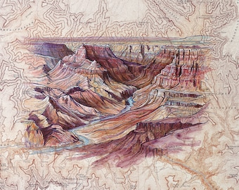 May include: A detailed hand-drawn map of the Grand Canyon National Park in Arizona. The map features the canyon's layered rock formations, the Colorado River, and various landmarks, including the South Rim, the North Rim, and the Bright Angel Trail. The map is drawn in shades of brown, red, and blue.