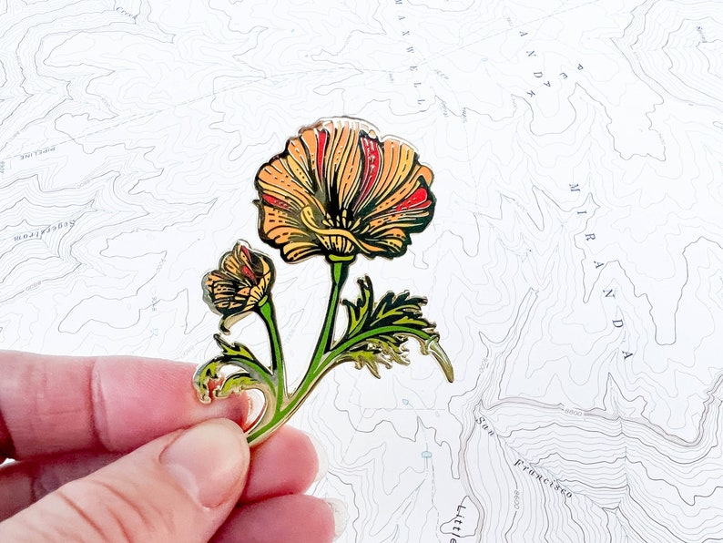 California Poppy Wildflower Enamel Pin, Eschscholzia californica flower hard enamel gold pin, hiker backpacker pin, mountain wilderness image 1