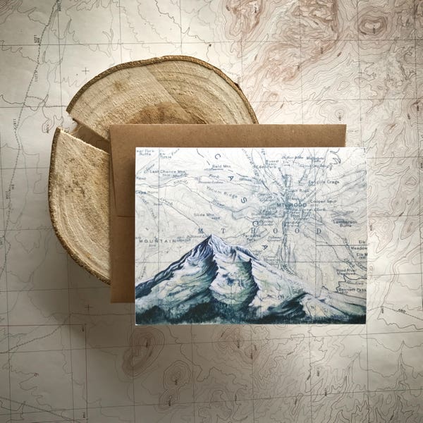 Mt Hood Blue Greeting Card, Mount Hood snow painting Mountain illustration card, Oregon mountain card, map art, blank card, mountaineering