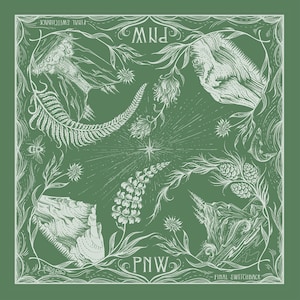 May include: A green square bandana with a white design featuring a stylised mountain range, a star, and various plants. The text "PNW" is written in a stylised font at the bottom of the bandana. The text "FINAL SWITCHBACK" is written at the bottom right corner of the bandana.