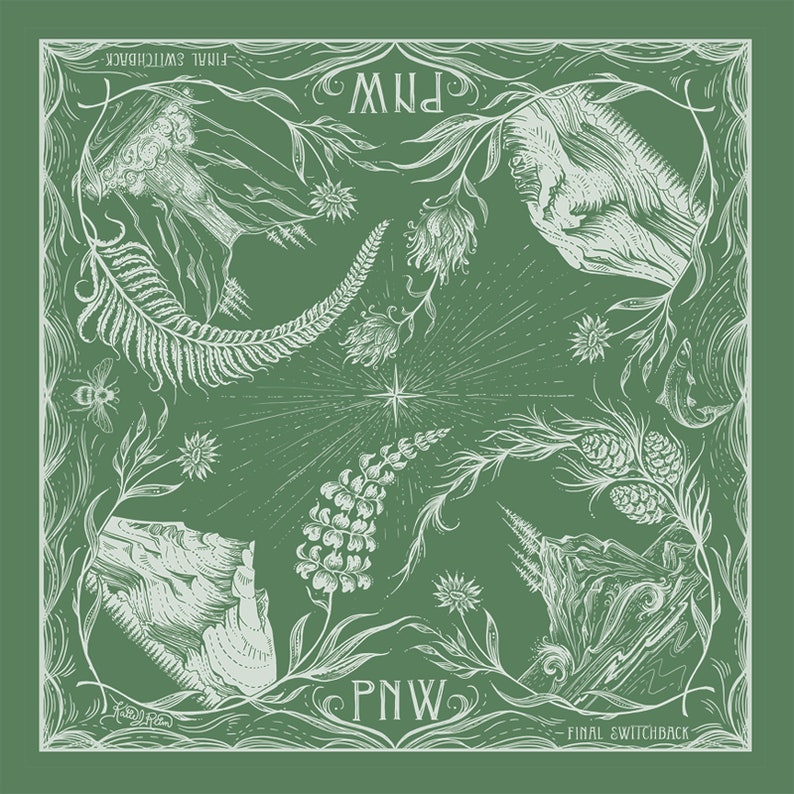 May include: A green square bandana with a white design featuring a stylised mountain range, a star, and various plants. The text "PNW" is written in a stylised font at the bottom of the bandana. The text "FINAL SWITCHBACK" is written at the bottom right corner of the bandana.