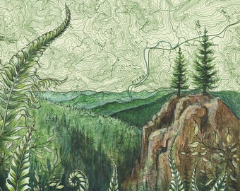 May include: An artistic illustration of a mountain landscape, featuring a detailed topographic map in shades of green. The foreground showcases lush ferns, while the background reveals a river, cliffs, and evergreen trees. The artwork evokes a sense of nature and exploration.