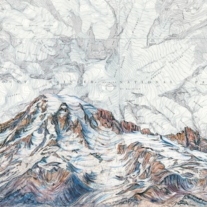 Mt Rainier Summit, Mount Rainier wall art painting print Mountain illustration, Washington mountain print, wilderness mountain art map art