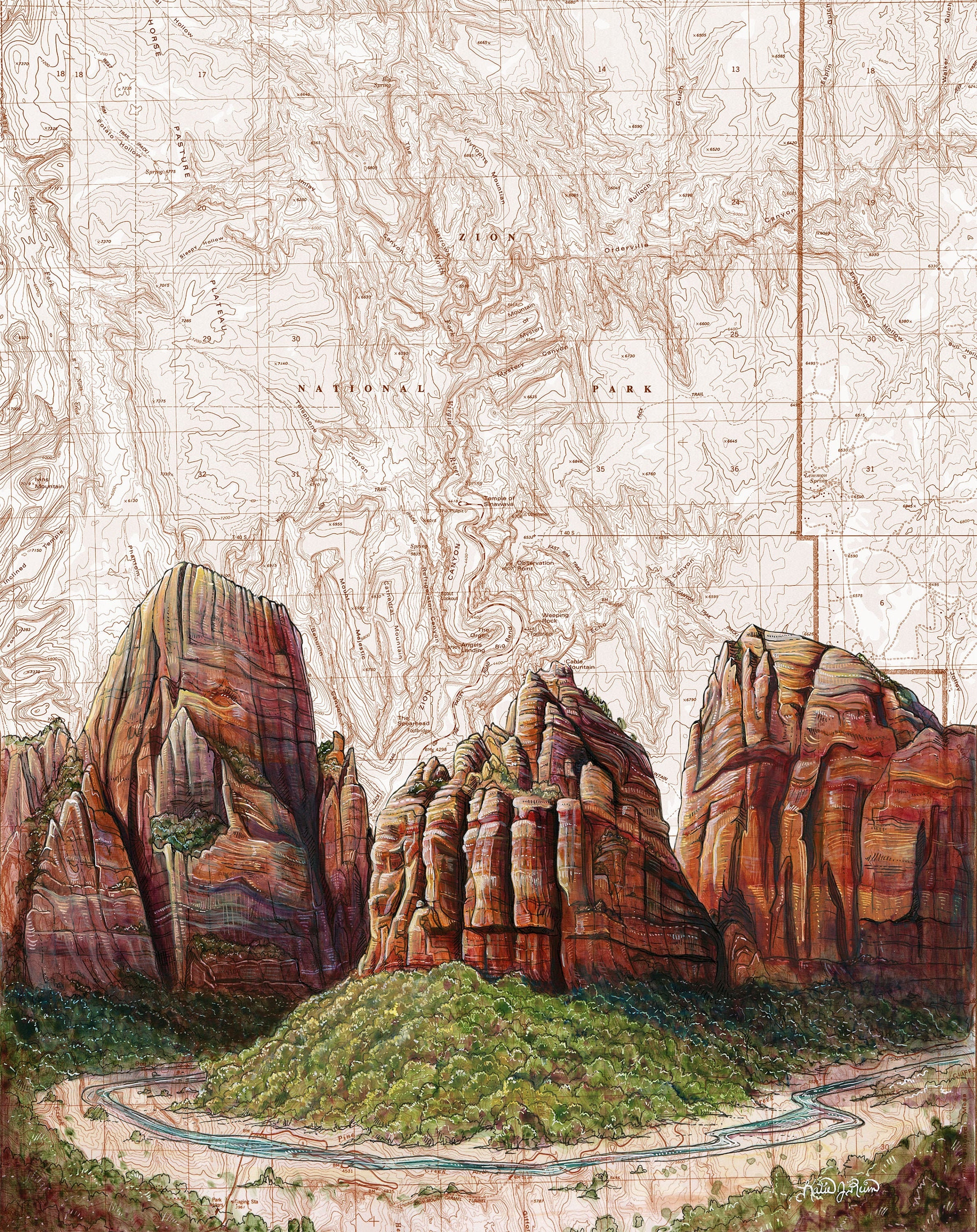 【大判】イアン・ラムジー『Columbia Landing』額入りアートプリント Angels Landing Painting Print: Zion National Park Topography Map