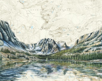 The Loch art, Rocky Mountain National Park Colorado painting print, Colorado wilderness print, hiker mountain hiking art, nature map art