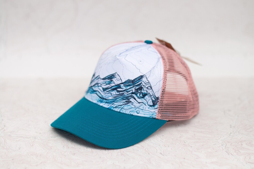 Womens Mountain Range Trucker Hat, Round Brim Trucker Hat, Pink and