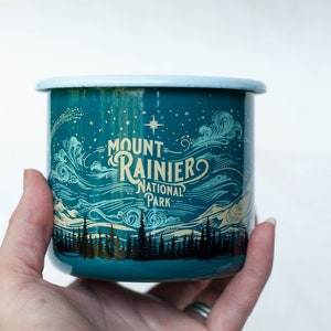 Mt Rainier Night Enamel Camping Mug, Mt Rainier National Park Washington enamel mug, 16oz PNW camper mug, fireproof backpacking coffee cup image 3