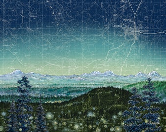 Pilot Butte Twilight, pintura del centro de Oregón, ilustración de montaña Bend OR, impresión de montañas del Monte Bachelor Oregon, arte de la pared de la montaña