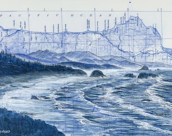 May include: A blue and white abstract painting depicting a coastal scene with a rocky shoreline, waves crashing on the beach, and a distant mountain range. The painting is done in a style reminiscent of a nautical chart.