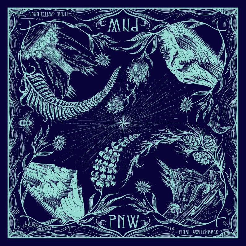 May include: A blue and white bandana featuring a stylised illustration of a mountain range, a fern, and a star. The bandana has the text "PNW" and "FINAL SWITCHBACK" on it.