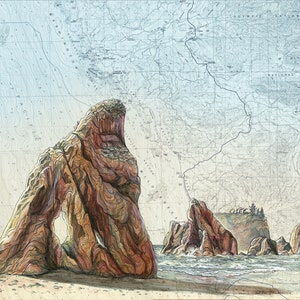 May include: An artistic rendering of a coastal scene featuring large, textured rock formations with an archway, set against a map background. The artwork depicts the rocks in shades of brown and red, with a sandy beach and ocean waves.