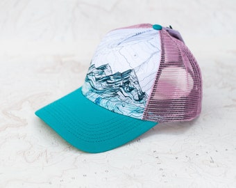 Womens Mountain Range Trucker Hat, Round brim trucker hat, Pink and Teal Blue mountain layer flat hat, trail running trucker hat, hiking hat
