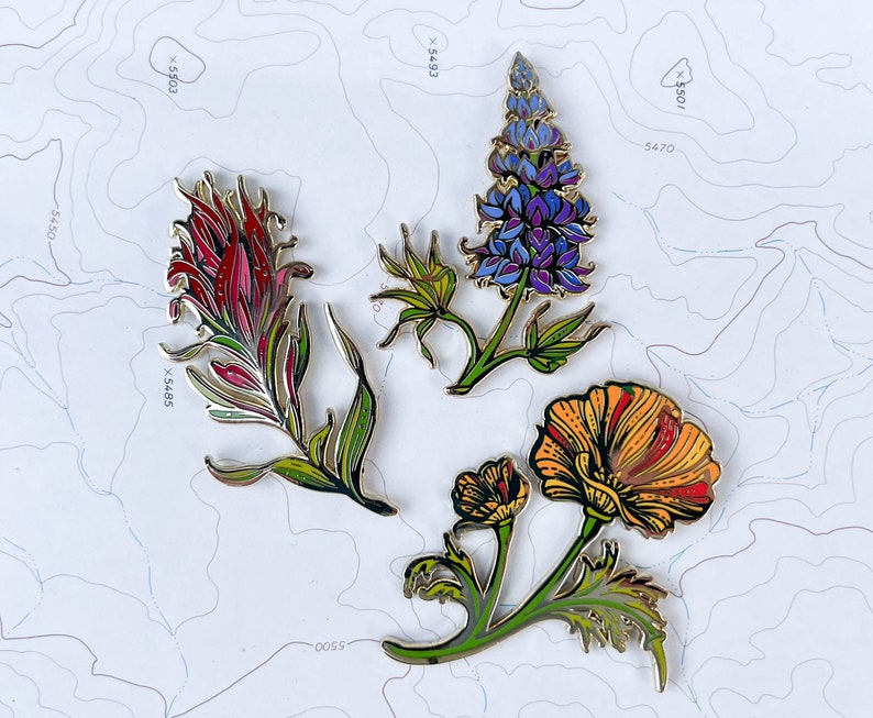 California Poppy Wildflower Enamel Pin, Eschscholzia californica flower hard enamel gold pin, hiker backpacker pin, mountain wilderness image 5