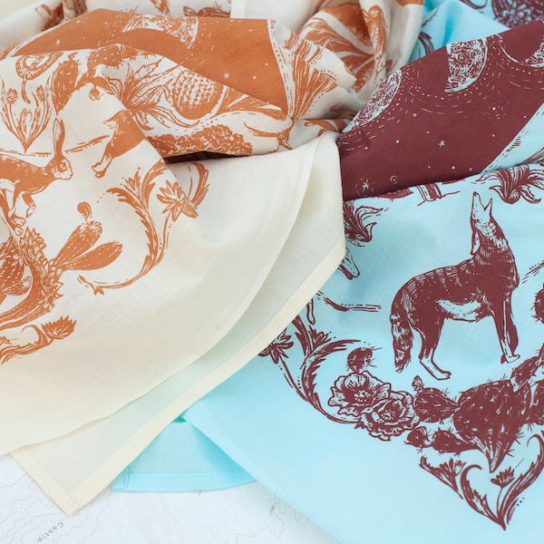 Desert Nights Bandana,  super soft cotton bandana, Aqua and Natural, Desert wildlife, Coyote Cactus Jackrabbit, Discharge printed in the USA