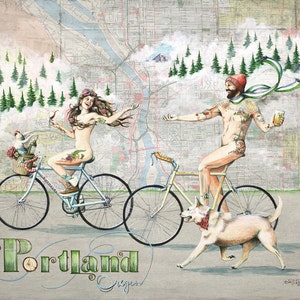 Portland Naked Bike Ride Print, tattooed Portland bikers art, Portland art print, Portland map art, Portland illustration with beer and wine