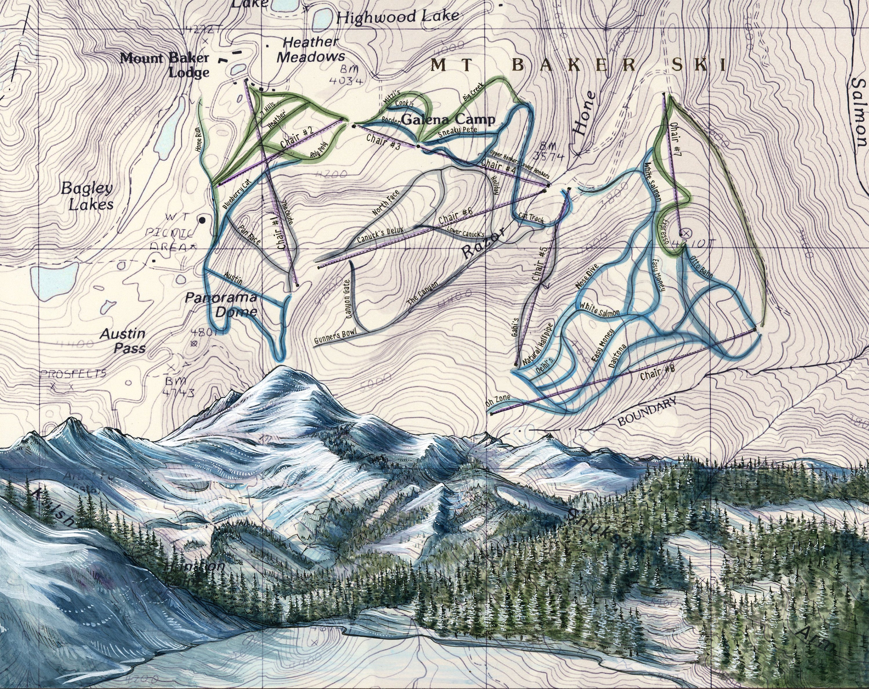 Mt Baker Ski print Mount Baker art painting print Mountain Etsy