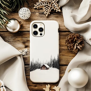 Winter Wooden Cabin Phone Case | Snow Forest Pines | grey white | Case for iPhone 17 16 15 14 13 12 Pro Max | Samsung s26 s25 | Google Pixel