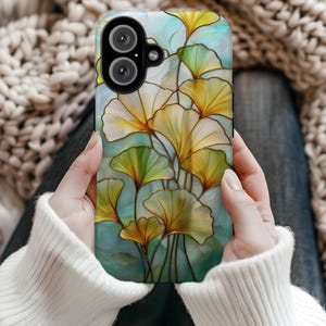 Telefoonhoesje met Ginkgo-motief, glas-in-lood mozaïekprint, ideaal cadeau voor natuurliefhebbers, geschikt voor iPhone 17 16 15 14 13 Pro Max, Samsung S26 S24 S25 en Google Pixel 8 9.