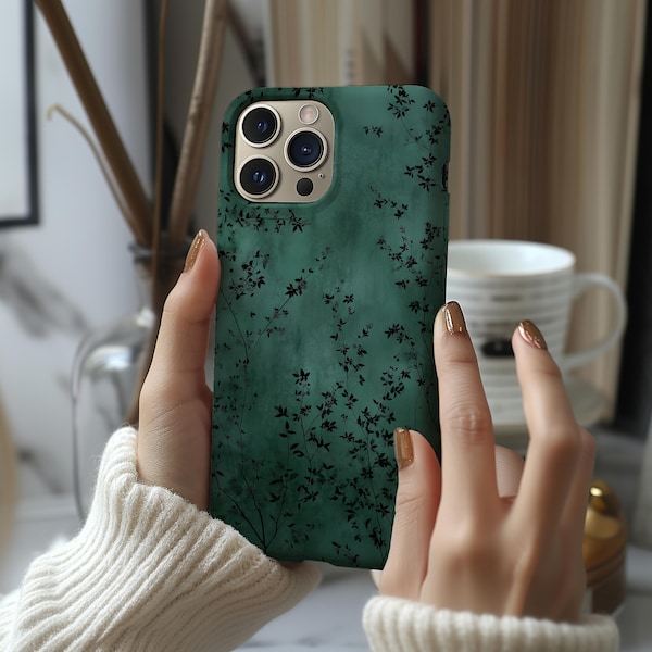 Dark Green Academia Phone Case Gothic Botanical Art Minimal Cover for iPhone 17 16 15 14 13 12 Pro Max Samsung s26 s24 s25 Google Pixel 8 9