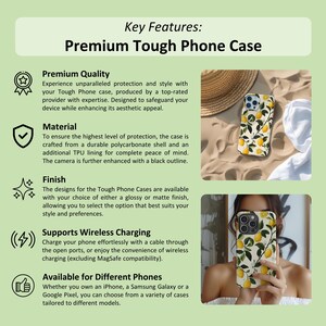 May include: A phone case with a lemon and leaf design on a white background. The case is shown on a phone in a person's hand. The case is available in glossy or matte finishes and supports wireless charging.