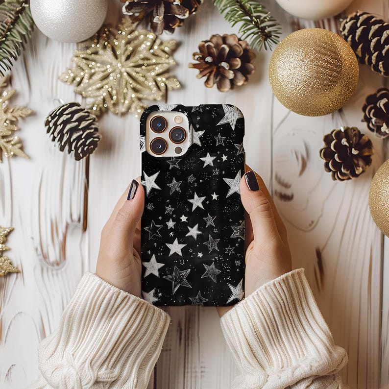 Stars dark sky phone case with white and black celestial design, compatible with iPhone 16, iPhone 15, iPhone 14, iPhone 13, iPhone Pro Max, Samsung Galaxy S23 S24 S25 Ultra, and Google Pixel 8 9 Pro. Durable tough case offers reliable protection for your phone. Stylish phone case and phone cover featuring cosmic theme, perfect gift for her. Combines unique design with practical protection for everyday use, ideal phone cover for all popular smartphone models.