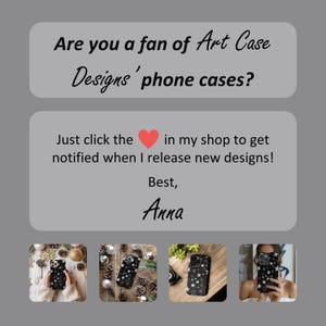 Pode incluir: Quatro imagens de capas de telefone com um padr&atilde;o de estrelas pretas e brancas. O texto "Are you a fan of Art Case Designs' phone cases?" e "Just click the heart in my shop to get notified when I release new designs! Best, Anna" tamb&eacute;m est&aacute; inclu&iacute;do.