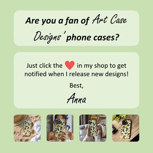 May include: Four phone cases with a lemon and leaf design. The cases are shown on a white background, a person's hand, and a wooden surface. The text on the image reads: "Are you a fan of Art Case Designs' phone cases? Just click the heart in my shop to get notified when I release new designs! Best, Anna"