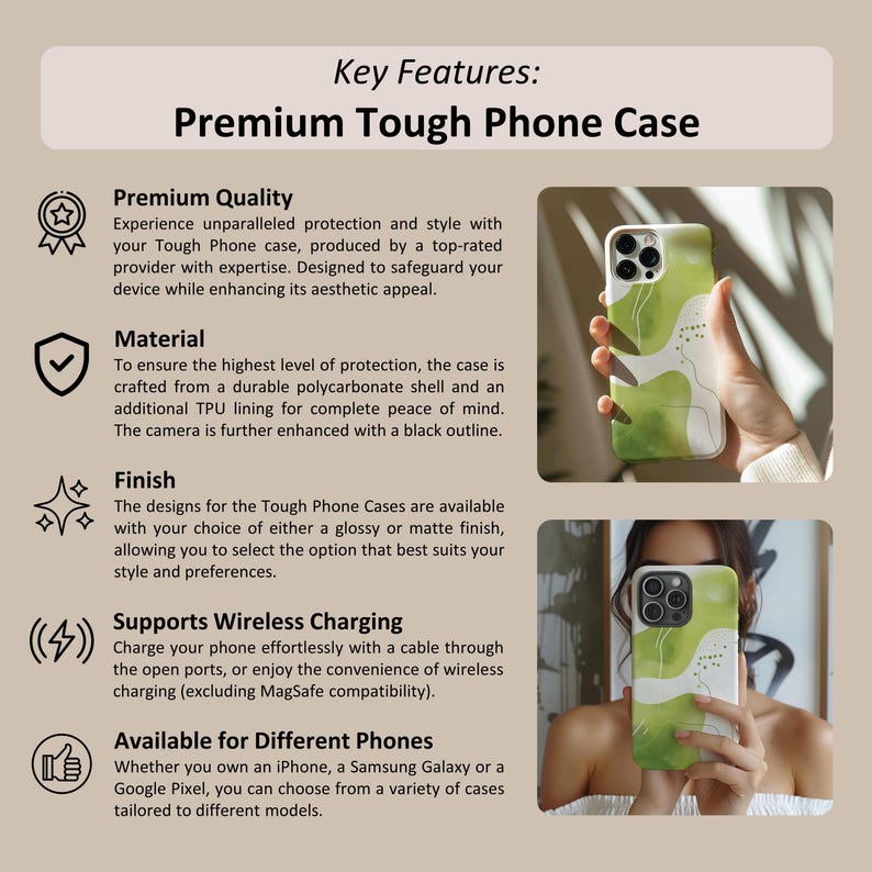 May include: A phone case with a green and white abstract design. The case is made of durable polycarbonate and TPU, and it features a black outline around the camera. The case is compatible with wireless charging and is available for different phone models.