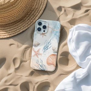 May include: A white iPhone case featuring a watercolour design of seashells, starfish and coral on a blue and white background.