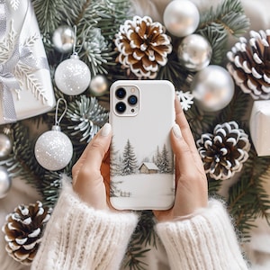 Custodia per telefono con baita in legno invernale / Pini della foresta innevata / grigio bianco / Custodia per iPhone 16 15 14 13 12 11 Pro Max / Samsung s22 s21 / Google Pixel