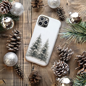 Custodia per telefono con motivo a pini invernali, motivo foresta innevata, custodia grigia e bianca per iPhone 16, 15, 14, 13, 12, 11 Pro Max, Samsung S23, S24, S25, Google Pixel 8, 9.