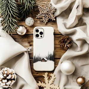Custodia per telefono con baita in legno invernale / Pini della foresta innevata / grigio bianco / Custodia per iPhone 16 15 14 13 12 11 Pro Max / Samsung s22 s21 / Google Pixel