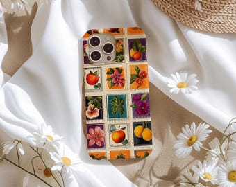 Vintage Stamps Collage Phone Case, Fruit Design Pattern, Fruit Lovers, iPhone 15 14 13 12 11 Pro Max, Samsung s26 s25, Tough Case
