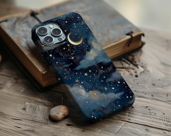 Capa para celular com estampa de lua azul, estrelas e nuvens, arte celestial, para iPhone 17, 16, 15, 14, 13, 12 Pro Max, Samsung S26, S24, S25 e Google Pixel 8 e 9.