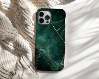 May include: A green and gold marble phone case with a geometric design. The case is made of a hard plastic material and has a matte finish.