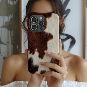 Étui pour portable en cuir de vachette | Motif animal brun blanc | Coque Art vache pour iPhone 16 15 14 13 12 11 Pro Max | Samsung s22 s21 | Pixel de Google