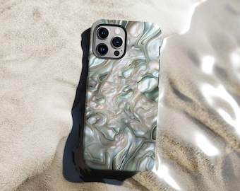 May include: A white and green iPhone case with a marbled design. The case has a raised camera bump with three lenses.