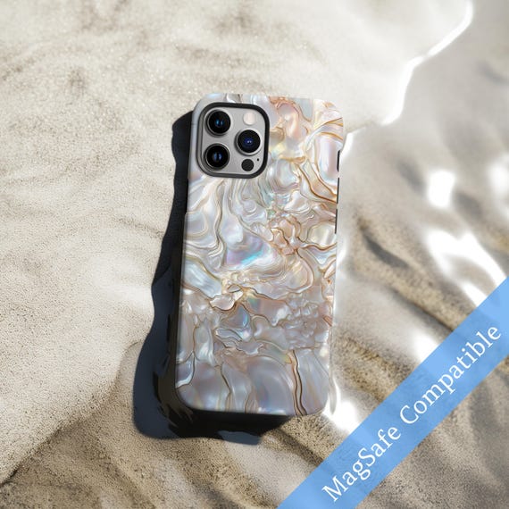 Pearl Phone Case Creamy White Gold Abalone Shell Print MagSafe Cover for  iPhone 16 15 14 13 12 Pro Max Samsung s26 s24 s25 Google Pixel 8 9