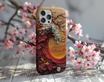 May include: A phone case with a colorful floral design featuring a wave and a mountain landscape. The case has a camera cutout and a textured surface.
