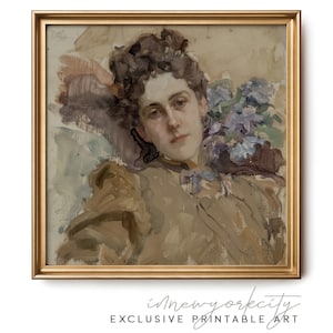 Vintage Woman Printable Wall Art, Rustic Victorian Portrait Painting, Romantic Floral Digital Print, Downloadable Neutral Decor Art