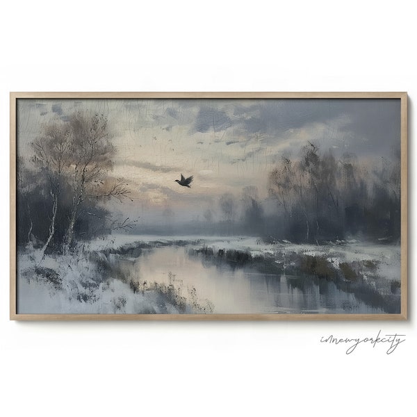Bird over Snowy River Winterscape Painting, Samsung Frame TV Art, Modern Vintage Transitional Decor, Antique European Art, Instant Download
