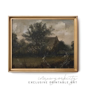 May include: A framed painting depicting a landscape with a house in the distance. The painting is rendered in muted tones of brown, green, and grey. The house is partially obscured by trees.