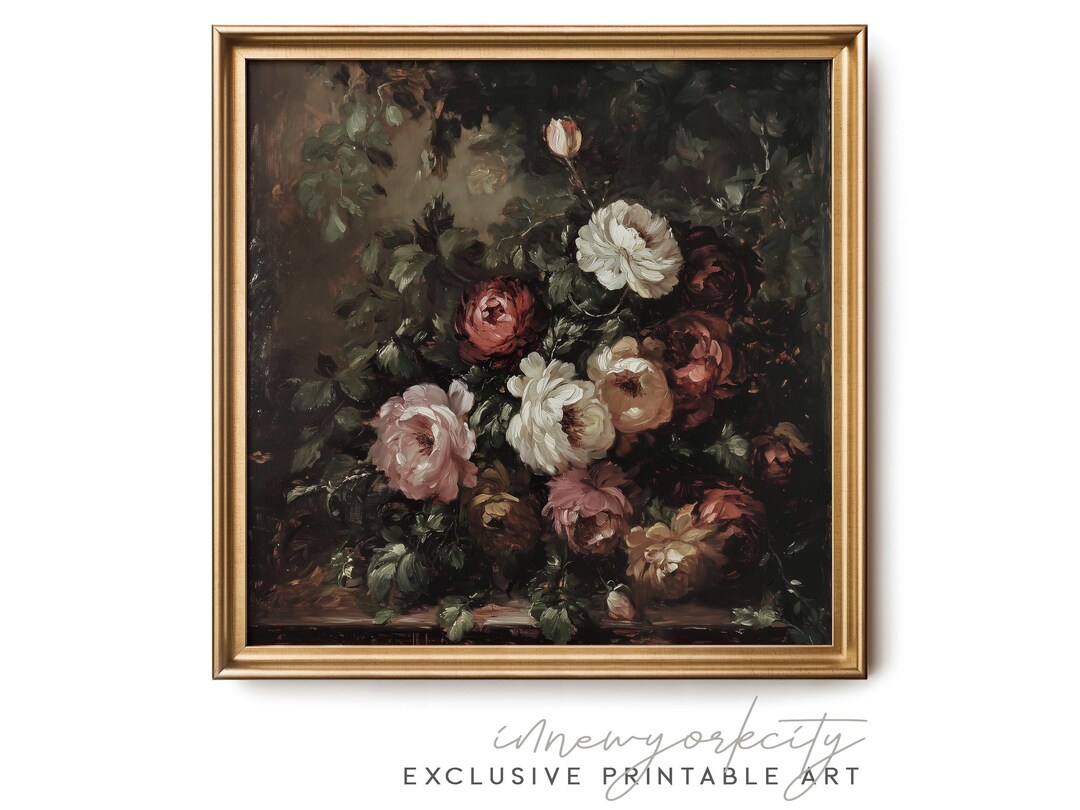 Dark Floral Still Life Wall Art – Vintage Peony Bouquet Painting Print ...
