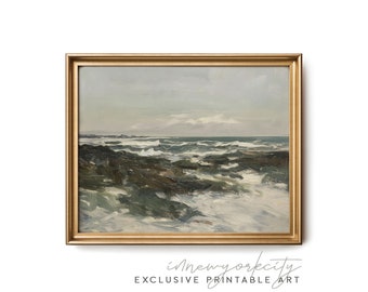 Stormy Ocean Printable Wall Art, Moody Seascape Digital Download, Coastal Wave Painting Print, Dramatic Beach Art Sea Storm