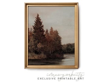 Moody Autumn Printable Wall Art – Digital Download Lake Print – Rustic Nature Pine Trees Painting – Minimal Vintage Dark Forest Landscape