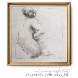 May include: A black and white pencil drawing of a person's back, with their head turned to the side. The drawing is framed in a gold frame.