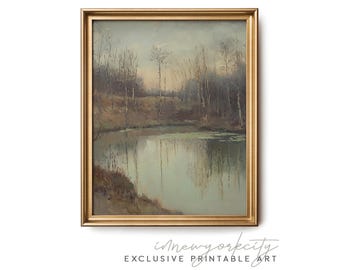 Muurkunst herfstmeer – humeurige reflecties landschapsschilderkunst digitale download – serene natuur afdrukbare print – neutrale wanddecoratie