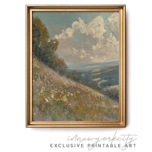 Scenic Spring Countryside Printable Art – Vintage Painting Wall Art Print – Rolling Hills Wildflowers Landscape – Digital Download Artwork